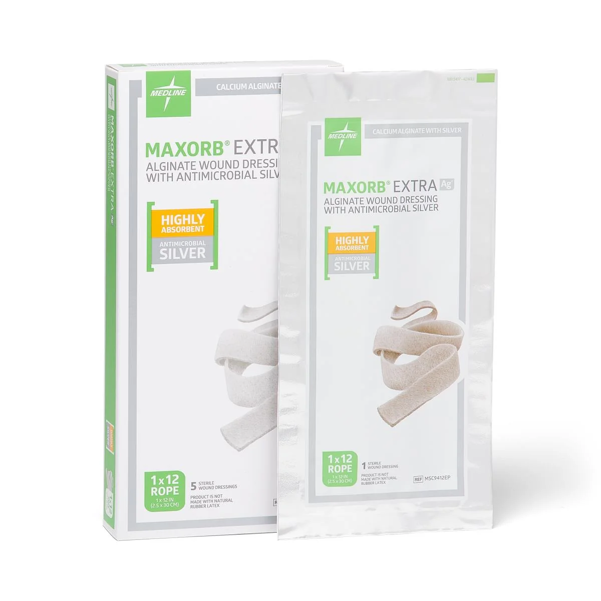 Medline Maxorb Extra AG+ CMC Alginate Dressing, 1 x 12 In. Flat Rope, Sterile, in Educational Packaging, MSC9412EP
