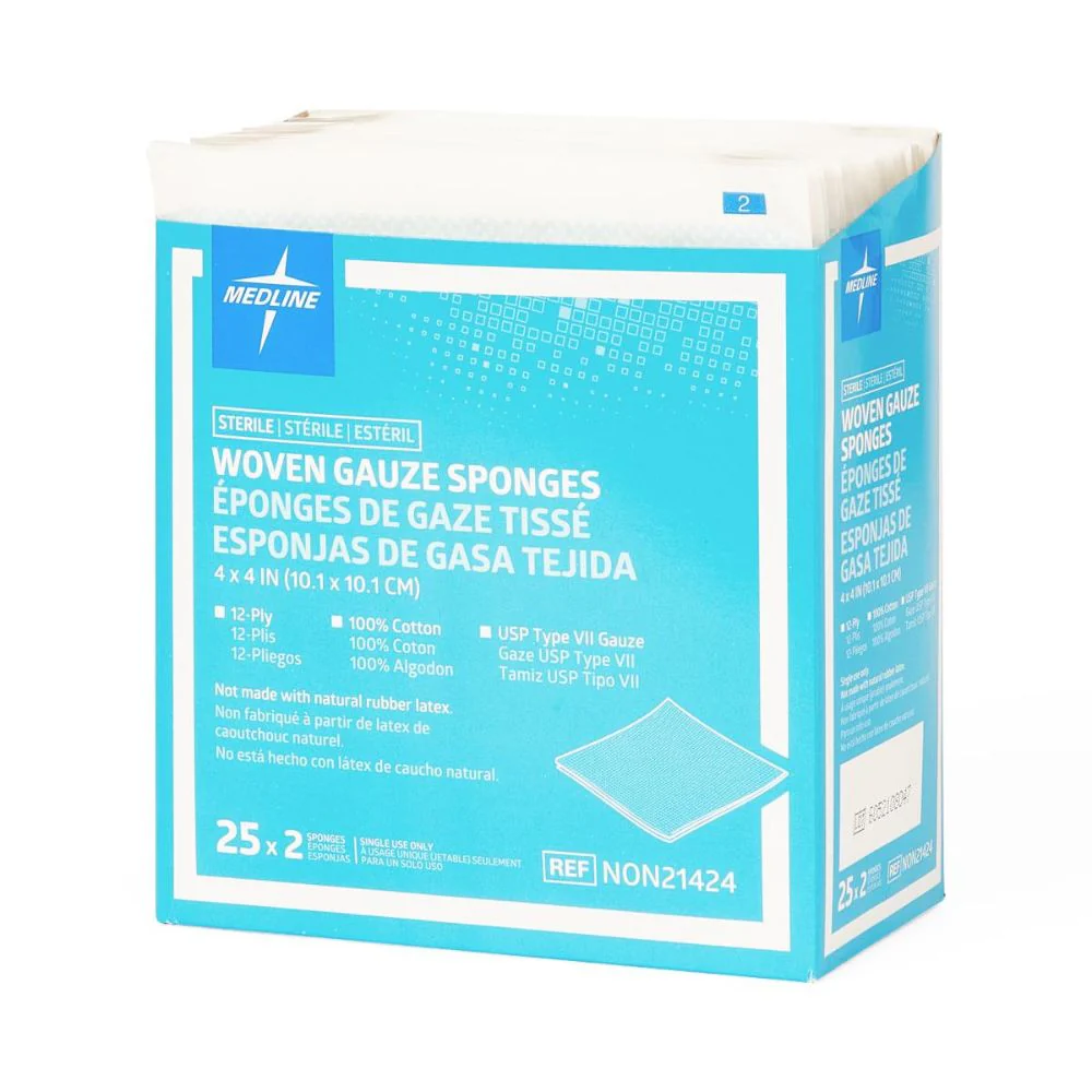 Medline Sterile Cotton Woven Gauze Sponge, 4" x 4", 12 ply, 2/Pack, NON21424 - Image 2