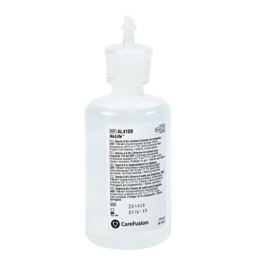 Cardinal Health AirLife Sterile Water and 0.9% Sodium Chloride Irrigation Solution 110 mL Dual-Top Bottle