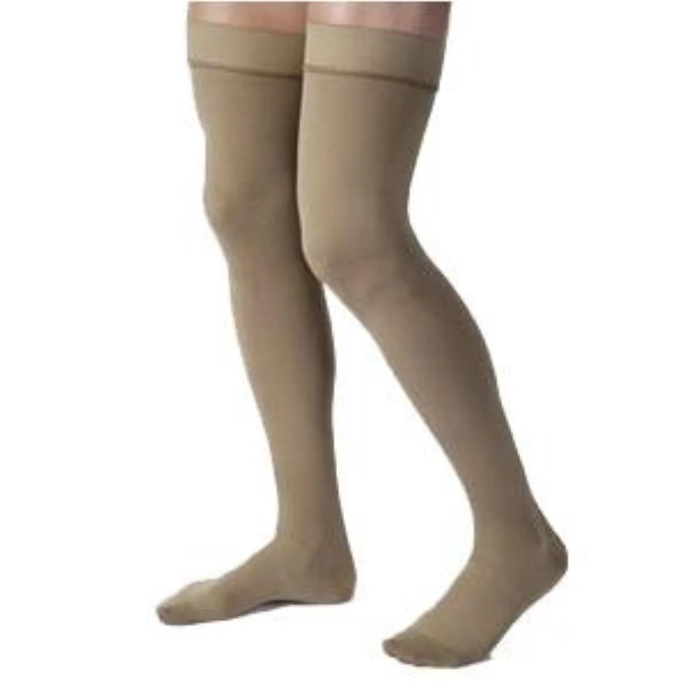 Sigvaris Natural Rubber Thigh High Stockings with Waist Attachment L4 Size, 30 to 40mm Hg Compression, Beige, Open Toe, Unisex, Latex, Right Leg